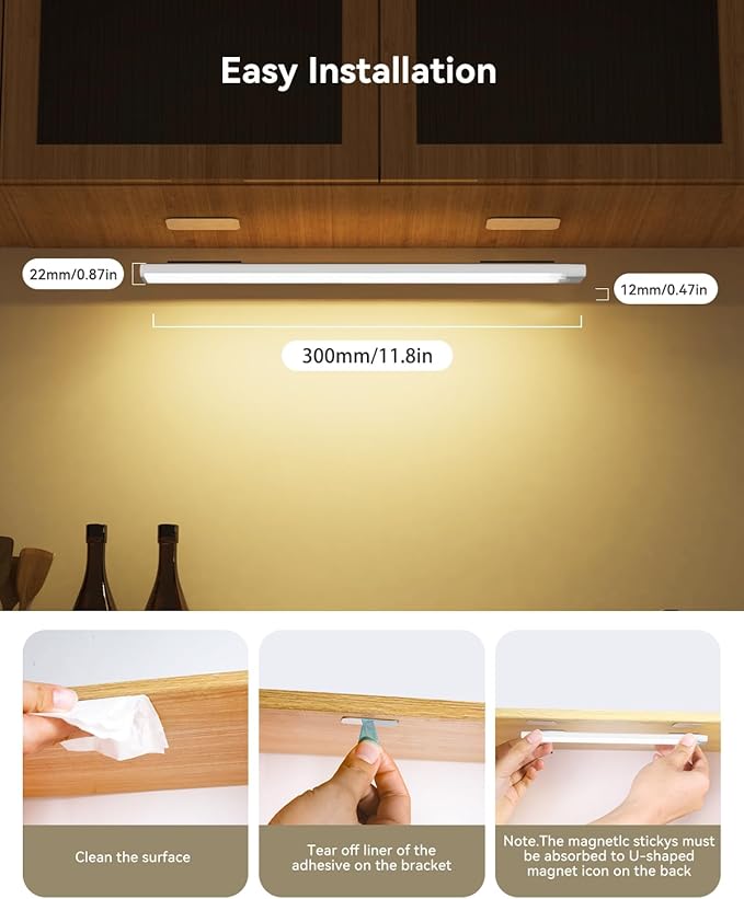 6-Pack Under Cabinet Lighting with Charging Station 12 in Rechargeable Motion Sensor Light Indoor, 3 Color Dimmable Closet Light Battery Operated, USB Stick on LED Magnetic Lights for Kitchen