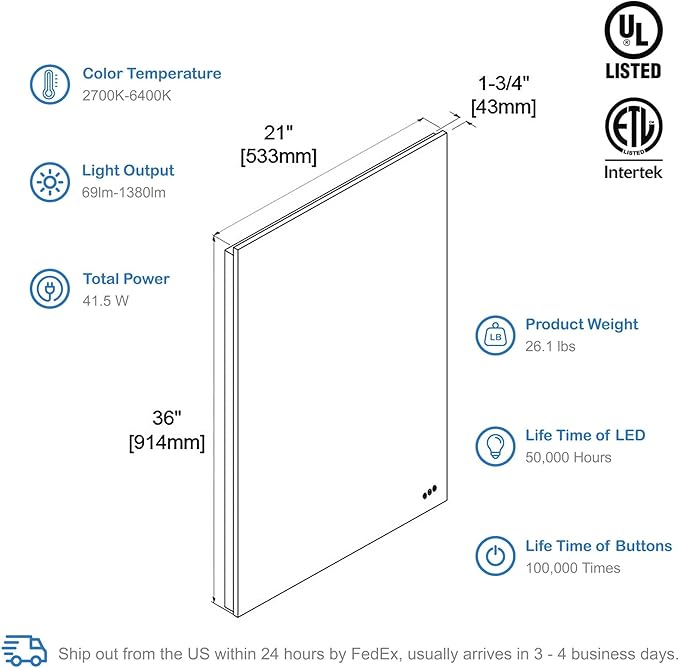 Blossom 21x36 LED Mirror for Bathroom | Backlit LED Vanity Mirror with Anti-Fog, Stepless Dimmable & 3 Color Temperature | Lighted Mirrors for Bathroom Wall | Smart Vanity Makeup Mirror with Lights