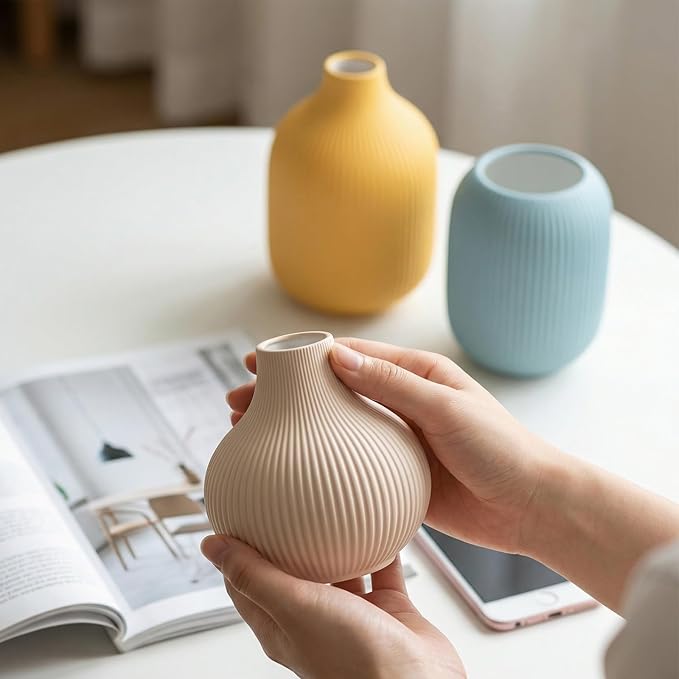 Set of 3 Small Matte Vibrant Ceramic Vases in Light Blue, Mustard Yellow and Beige - Modern Minimalist Ribbed Decor for Centerpiece, Farmhouse Living Room, Kitchen Shelf, Gift Idea