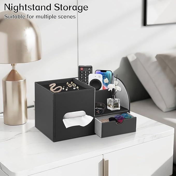 PU Leather Square Tissue Box Cover with Tray and Organizer,Multi-Function Remote Control Tissue Holder for Vanity, Nightstand,Bathroom,Home and Office