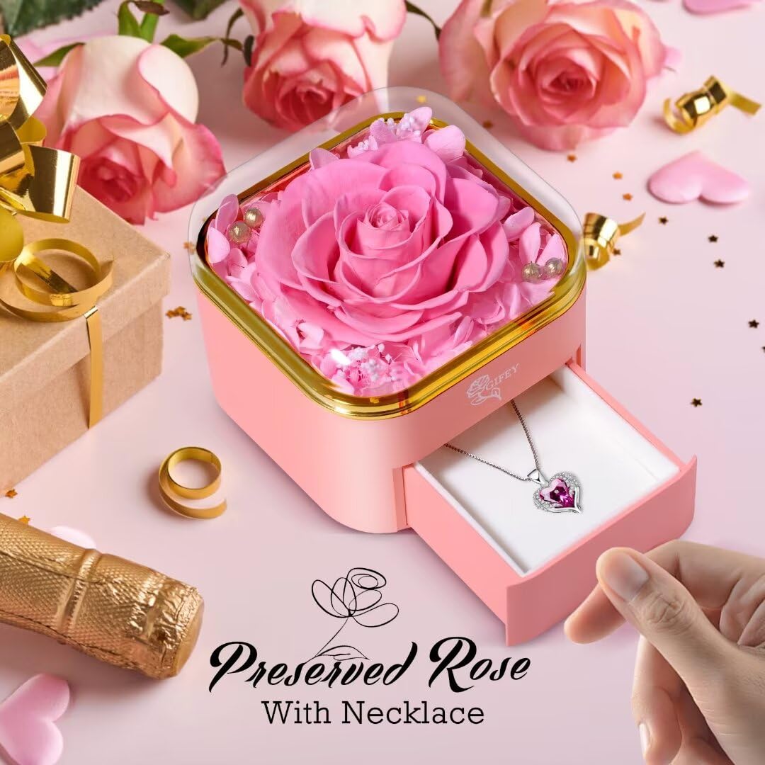 Mothers Day Rose Gifts for Mom,Preserved Real Rose with Necklace Eternal Flowers Pink Rose Gifts for Mom Grandma Her Wife Girlfreind on Mothers DayValentines Day Anniversary Birthday Gifts (Pink)
