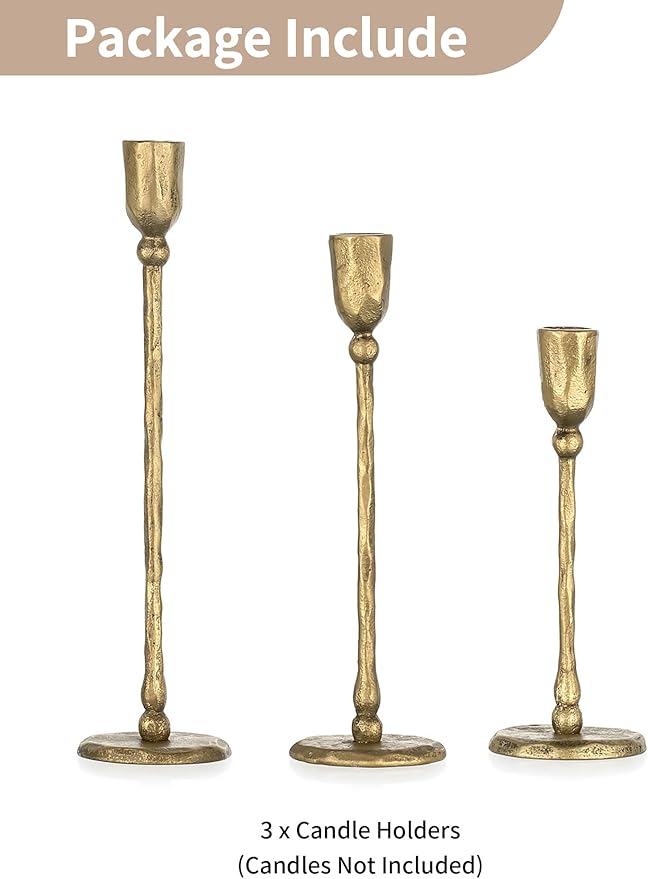 NUPTIO Iron Taper Candle Holders: Antique Brass Candlestick Holder for Thanksgiving Christmas Party - Set of 3 Tall Gold Candles Stick Decor for Fireplace Table Centerpiece