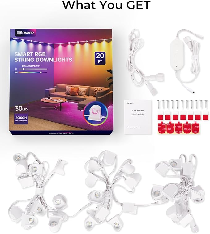 Smart RGBW+IC String Downlights, 20ft with 30 LED String Lights, 111 Scene Modes, Music Sync Color Changing Indoor Wall Light Fixture for Party, Christmas Birthday, APP/Voice/Remote Control