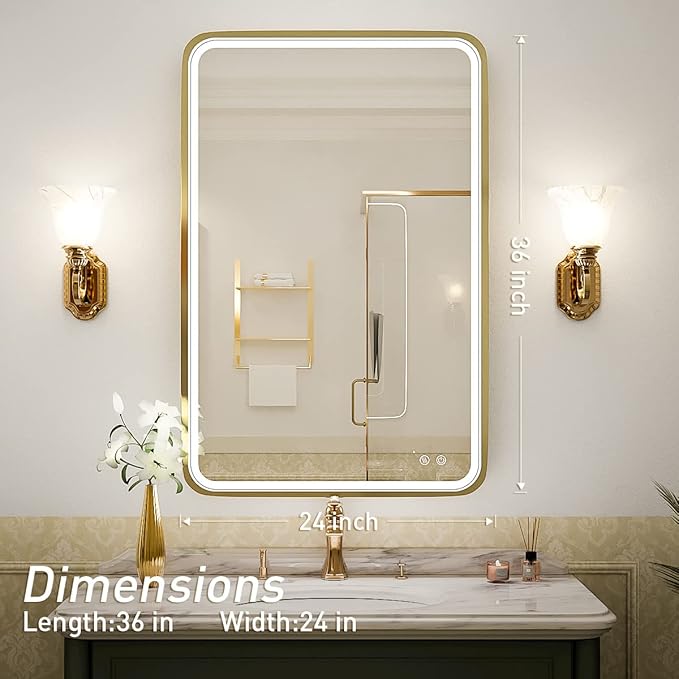 24x36 Inch LED Bathroom Vanity Mirror with lights,Wall Mounted Lighted Mirrors with Non-Rusting Gold Metal Frame Anti-Fog Memory Funtion Stepless Dimmable for Bathroom Decor(Horizontal&Vertical)