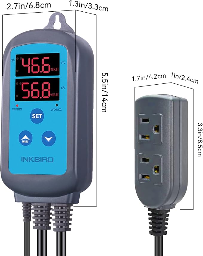 Inkbird Digital Wi-Fi Humidity Controller IHC-200 Dual Outlet Pre-Wired Humidistat for Mushroom Growing Curing Meat Reptile Greenhouse Support Humidifier Dehumidifier Fan iOS&Andriod.