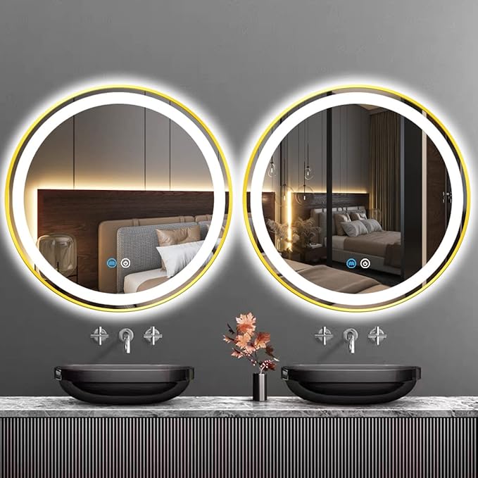 24 Inch Gold Frame LED Round Mirror with Lights Smart Memory 3 Color Dimmable Anti-Fog Gold Framed Round Lighted Mirrors for Bathroom Wall Makeup Golden Circle Round Vanity Mirror with Light