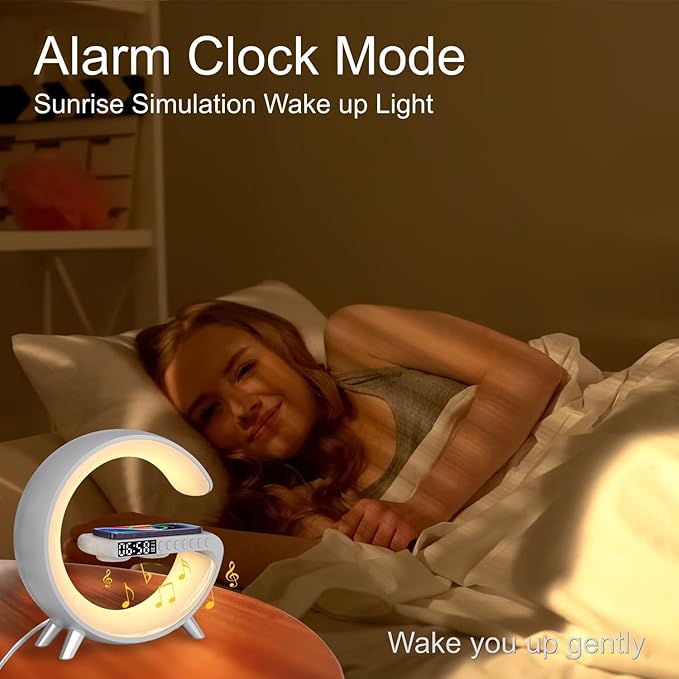 Table Lamp with Wireless Charger, Atmosphere Lamp with White Noise, Smart Light Sound Machine, Bluetooth Speaker with Alarm Clock, App Control Night Light Lamp for Bedroom【Large G NH-69】