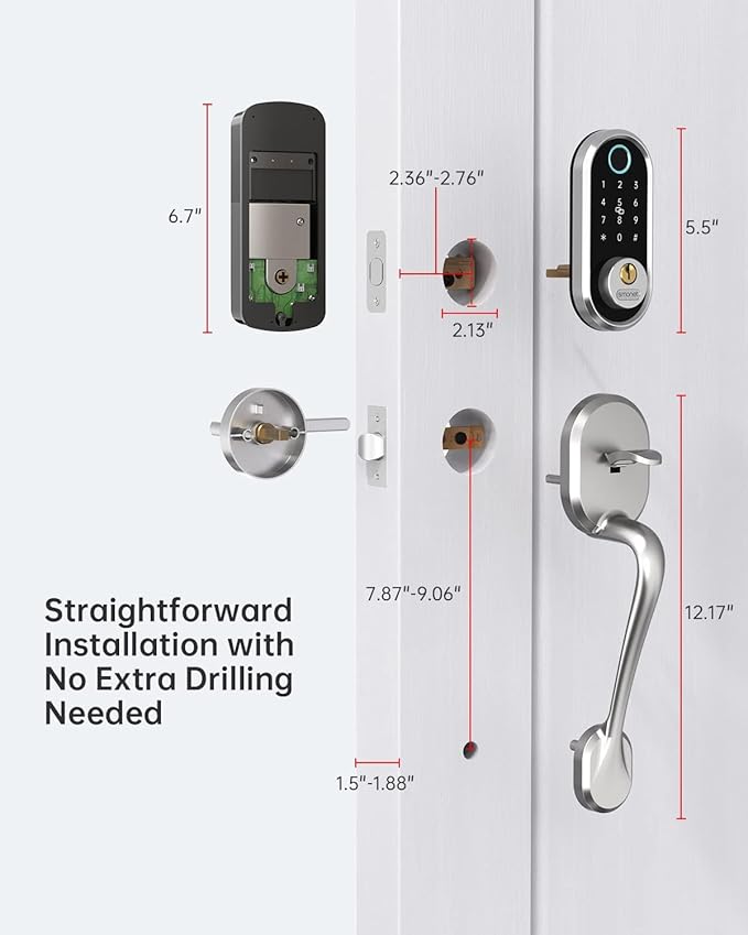SMONET Front Door Lock Set Satin Nickel, Keyless Entry Door Lock with Handle and Deadbolt, Smart Fingerprint Door Lock with App Control, Electronic Keypad Exterior Door Lock for Home Airbnb
