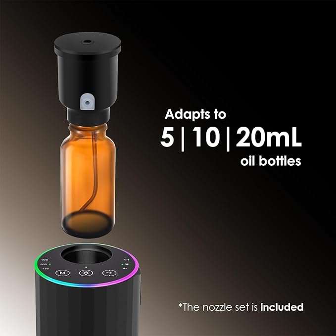 Waterless Essential Oil Diffuser, 7 Colors LED Light, Battery Powered Mini Scent Air Machine, Aromatherapy Mist Diffuser for Home Room Car Office,Black Aluminum Alloy (Black)