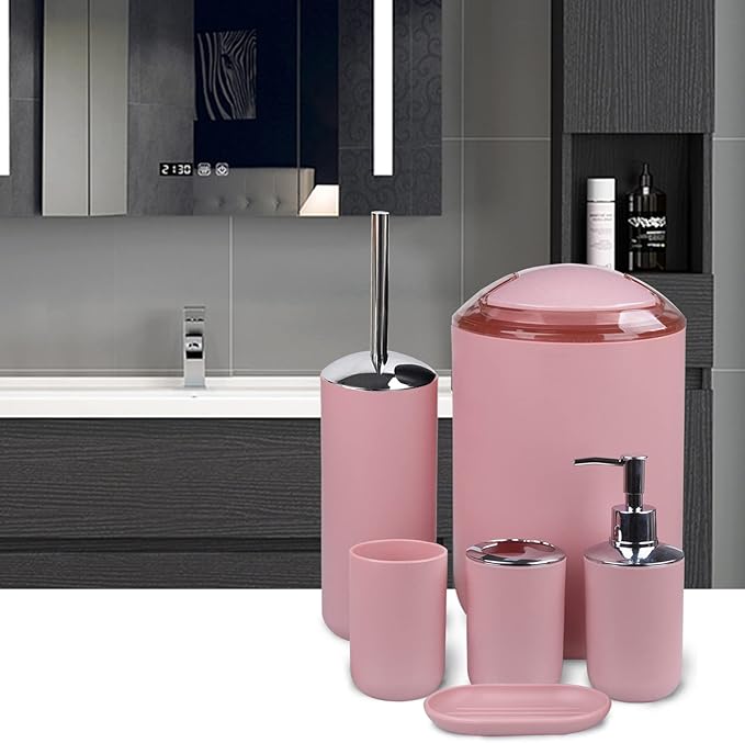 CERBIOR Bathroom Accessories Set 6 Piece Bath Ensemble Includes Soap Dispenser, Toothbrush Holder, Toothbrush Cup, Soap Dish for Decorative Countertop and Housewarming Gift (Blush pink-6pcs)