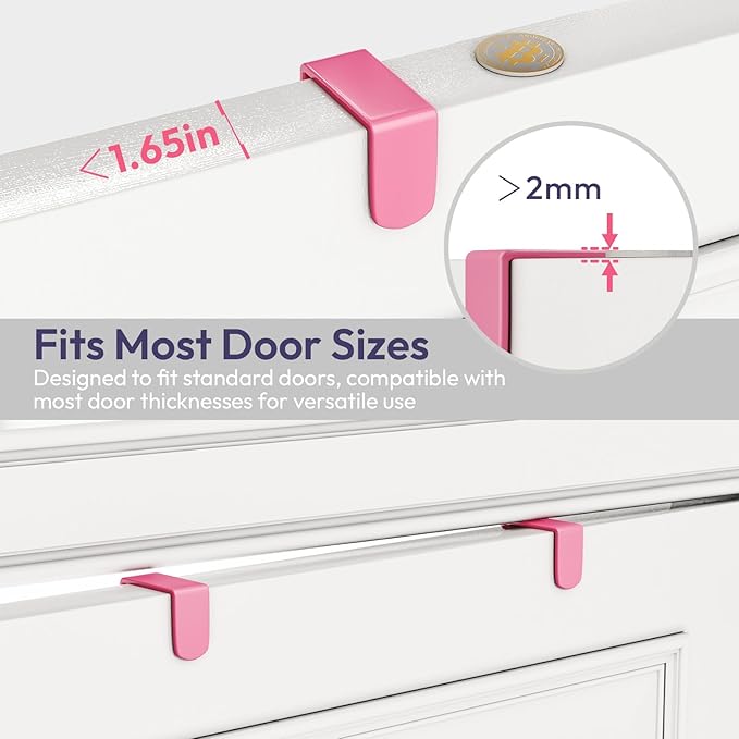 SWTYMIKI Over The Door Hook with 16 Hooks & Mesh Baskets - Heavy Duty Over The Door Organizer Hanger for Towels, Coats, Clothes - Space Saving Hanging Rack for Bathroom, Living Room, Pink