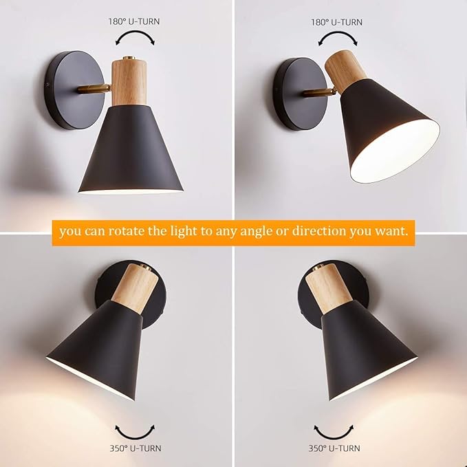 ClanKin Wall Sconces Lighting for Bedroom, Black Adjustable Wood Style Wall Sconce Reading Lamp, Wall Light for Bedroom Hallway Living Room (Black-Hardwired, 1 Pack)
