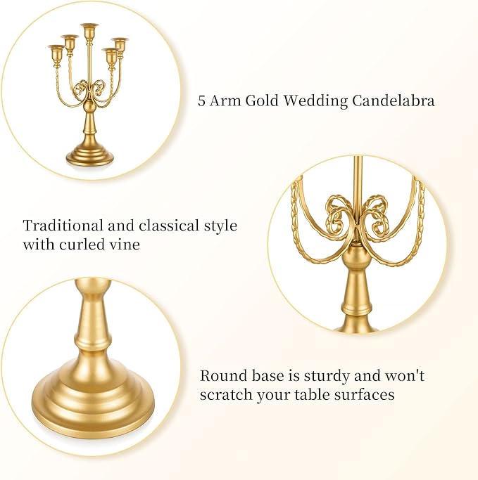 Romadedi Candelabra Gold Candle Holders - 5 Arm 11.8" Wedding Candlestick Holder for Theme Party Table Centerpiece Decor Dining Room Birthday Holiday Christmas, Set of 2