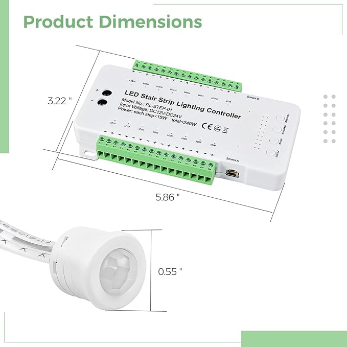 16 Channel Stair Light Controller, LED Motion Sensor with Components, Automatic Stairway LED Controller with Adjustable Brightness and Speed, Safe DC12V-24V Input