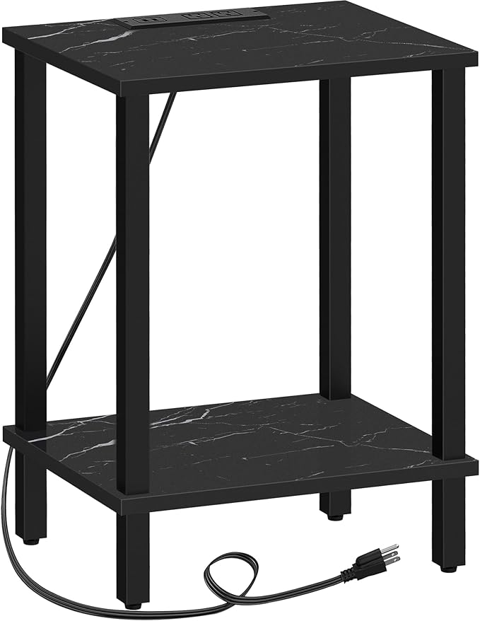 TUTOTAK End Table with Charging Station, Small Side Table, Nightstand Bedside Table, 2-Tier Storage Shelf for Small Space, Living Room, Bedroom, Marble Black TB01BMK040