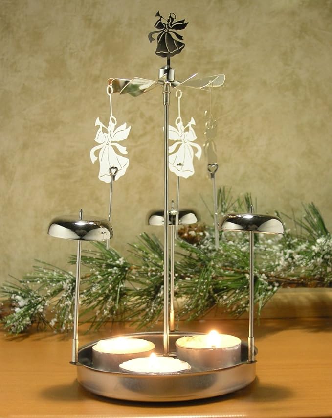 Spinning Angels Tealight Candle Spinner with Bell Chimes - Swedish Scandinavian Style Design - Measures 8" H
