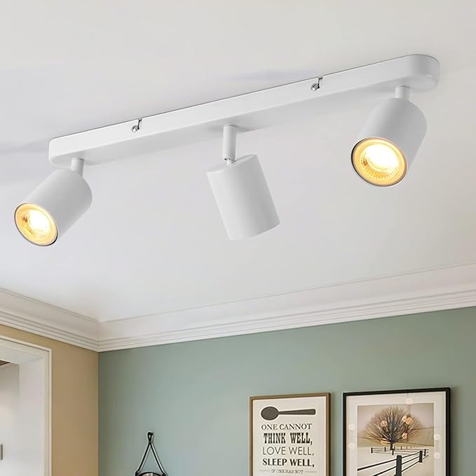 3 Way Track Lighting Kit Flexibly Rotatable Track Light Ceiling Kitchen LED Ceiling spot Light for Bedroom, Picture Wall, Hallway, Office, Bar, GU10 Socket (White-3)