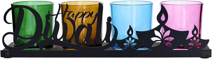 Diwali Home Decoration, Diwali Gifts, Colorful Glass Votive Tealight Candle Holders with Wooden Tray for Table Centerpiece