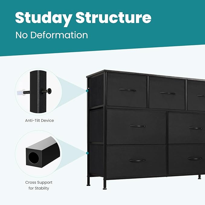 OLIXIS 7 Drawers Dresser for Bedroom, Fabric Storage Tower for Living Room, Entryway - Sturdy Steel Frame, Wooden Top & Easy Pull Fabric Bins, Closet Chests Organizer for Clothes, Black