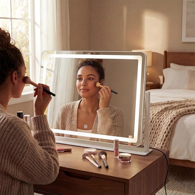 Vanity Mirror with Lights, 17''x22'' Lighted Makeup Mirror, LED Makeup Mirror, Smart Touch with 3-Color Lighting Modes, Dimmable, for Bedroom Tabletop - White