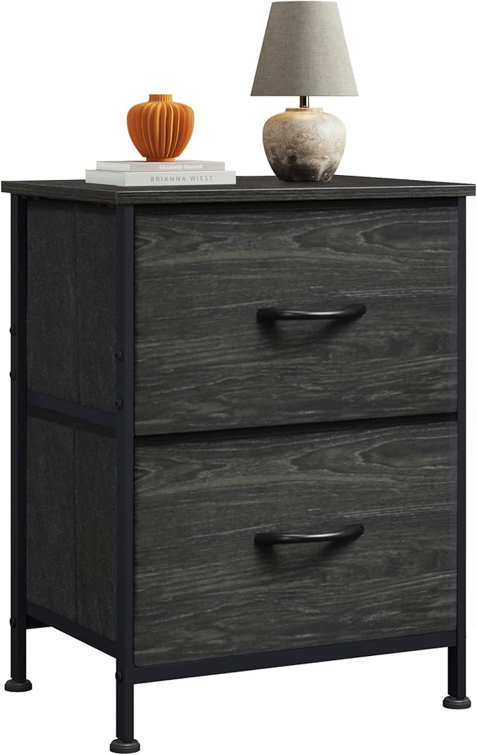 WLIVE Night Stand, Small Dresser with Drawers, Dresser for Bedroom with 2 Fabric Drawer, Black Bedside Table End Table, Dorm Nightstand, Closet Organizer, Charcoal Black Wood Grain Print