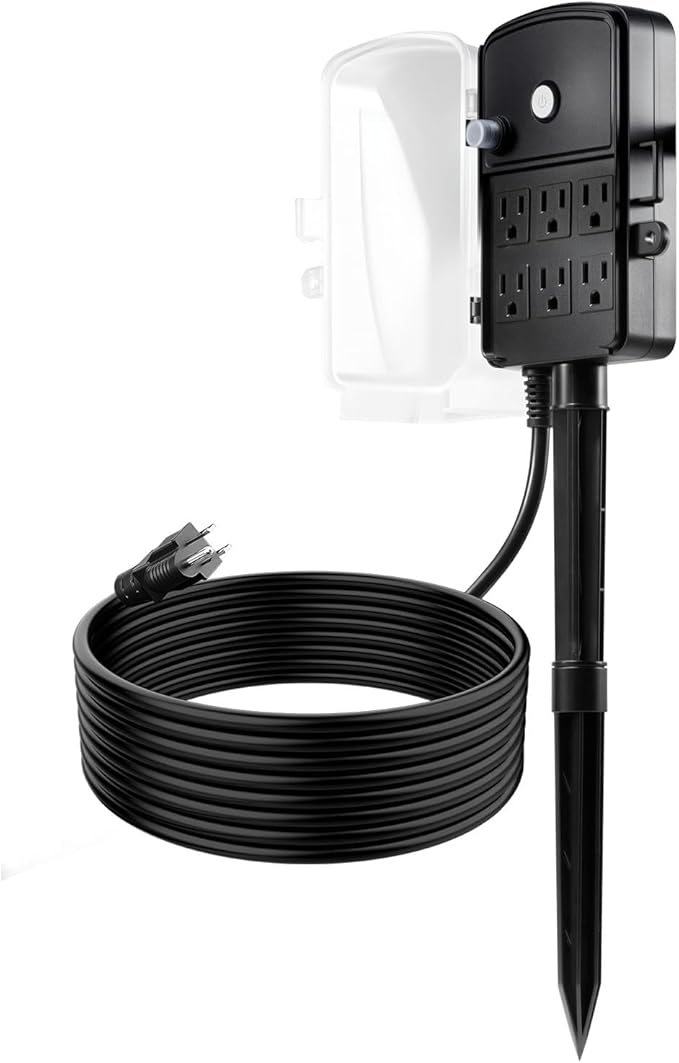 VEVOR Outdoor Power Stake, 15 FT Extension Cord, Outdoor Power Strip Weatherproof with Cover and Overload Protection, 6 Outlets, 15A/1875W, Waterproof Multi-Outlet Yard Stake for Christmas Lights