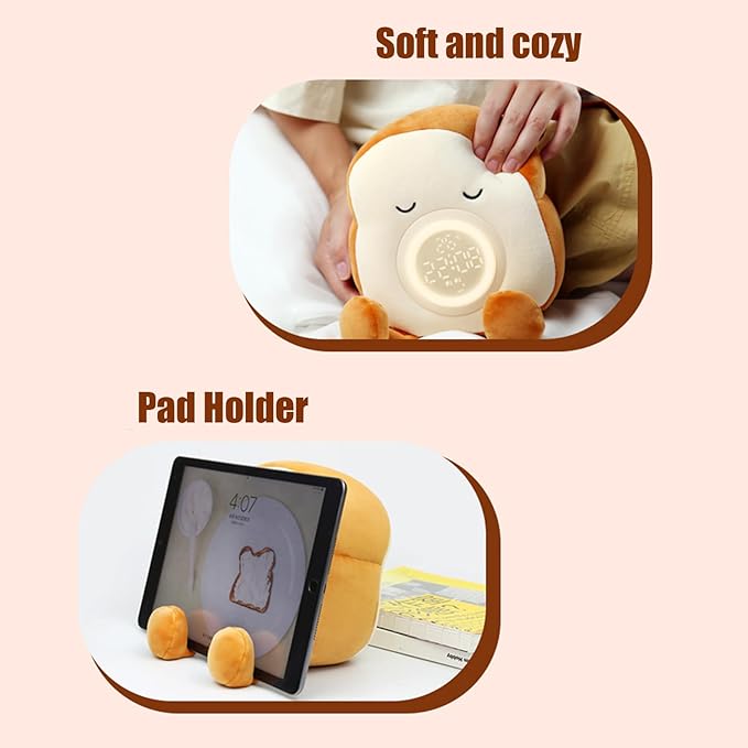 Cute Toast, Digital Alarm Clock Lamp, Bedside Desk Accessory, Rechargeable Plush Nightlight with Adjustable Timer Dimmable Glow, Home Decor Gadget, Bedroom Living Room Office Study Table