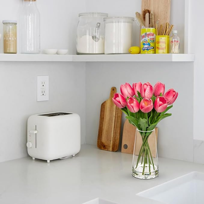Fake Tulips Artificial Tulip Flowers in Glass Vase with Faux Water, 14.2" Real Touch Pink Tulip Flowers Spring Décor for Table Centerpiece Home Farmhouse Resto Wedding Decoration