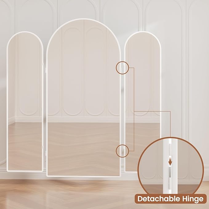 3 Way Arched Full Length Mirror Free Standing, 71"x 67" Large Modern Trifold Mirror, 3-in-1 Detachable Panel Tempered Glass & Metal Frame, for Dressing Room, Bridal Shop, Clothing Store (White)