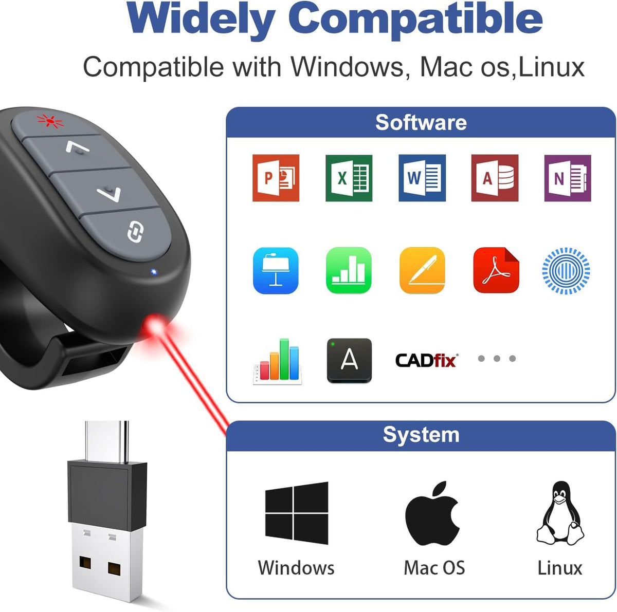 Presentation Clicker PowerPoint Wireless Presenter Remote: USB C Laser Pointer Computer Clickers, Hyperlink Finger Ring Project Power Point PPT Clicker for Mac Laptop Office, Google Slide Advancer