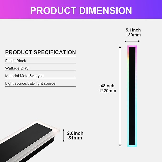 Outdoor Modern Wall Lights for Porch,2 Pack RGB Long Outdoor LED Wall Lights,48 inch Long Linear Outside Light Fixture,Dimmable Outside Wall Light for House,Enterway,Garage with Control Remote