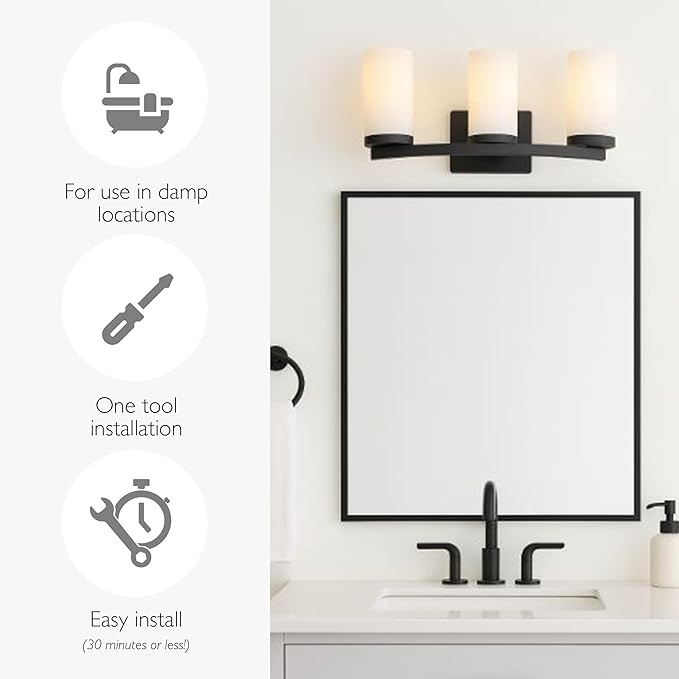 Design House Desta Vanity Light, 3-Light, Curved Bar Design, Frosted Glass Glow, Dimmable, Up/Down Mountable, E26 Socket, Black, 22.4 in L x 6.9 in W x 9.5 in H, 589150-BLK