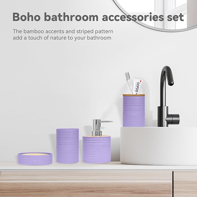 Bathroom Accessories Set 4 PCS, Bathroom Sets Accessories, Bamboo Bathroom Accessory Set Includes Soap Dish, Soap Dispenser, Toothbrush Holder, Toothbrush Cup, Boho Bath Decor(Light Purple)