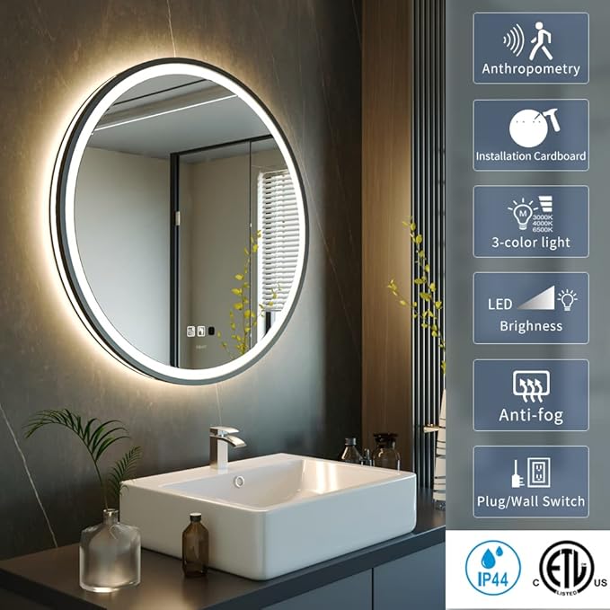 LED Sensor Mirror, 40 inch Round Human Body Induction, Black Framed Vanity Mirror, Illuminated Dimmable Anti Fog IP44 Waterproof Bathroom Wall Mounted Blacklit Mirror with Lights