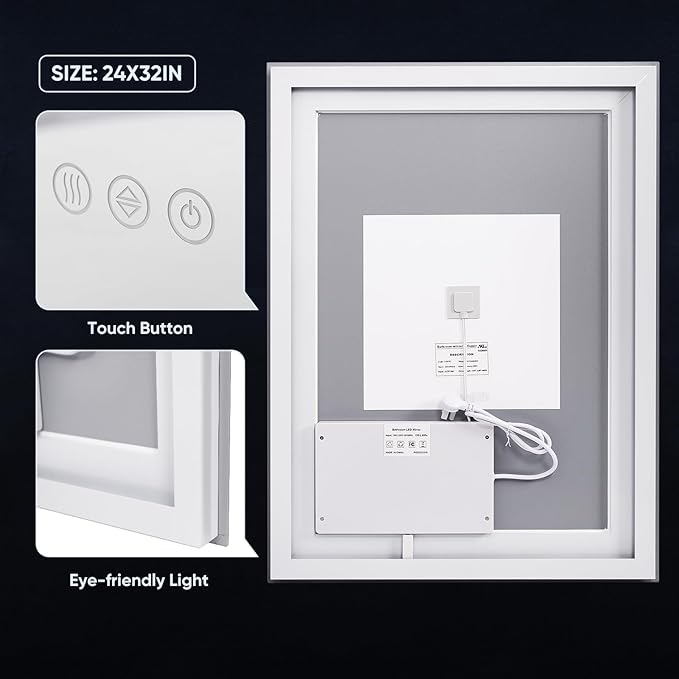 LED Bathroom Mirror, 24"x32" with Frontlit and Backlit Anti-Fog Mirror with Lights LED Vanity Mirror for Bathroom 3 Colors Temperature & Dimmable Bathroom Mirror with HD Tempered Glass