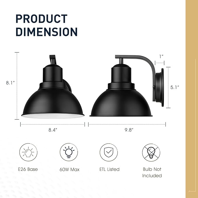 zeyu 8.4'' Barn Sconce Wall Lighting, 2 Pack Industrial Wall Lights for Bedroom Dining Room, Metal Dome Shade in Black Finish, ZY24-1W-2PK BK