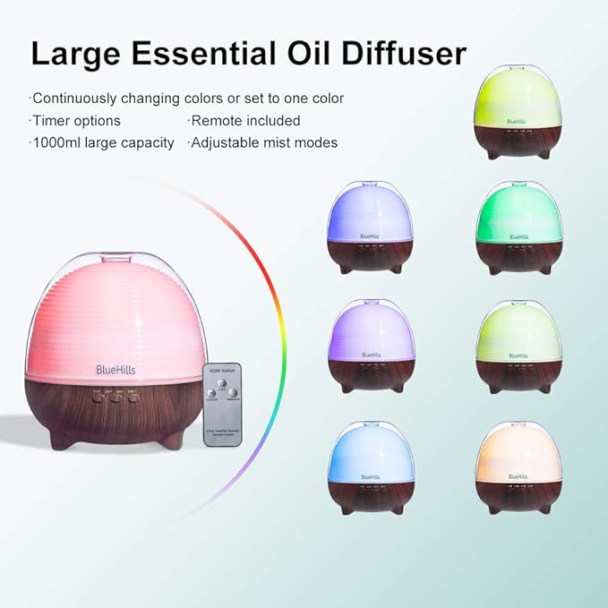 BlueHills Premium Set of Two Large 1000 ML XL Essential Oil Diffusers Humidifier Combo for Large Room Home with Décor LED Lights Great Gift – Value Pack of Dark Wood Grain and Wood Grain.