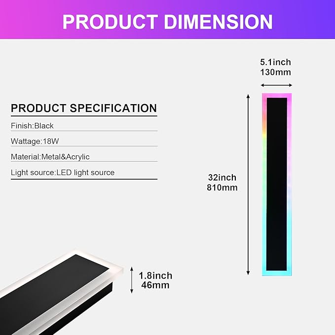 2 Pack Modern RGB Outdoor Wall Light,32 inch Led Wall Lights Fixture,Dimmable Wall Sconce Lights,Long Exterior lighting Fixtures with Control Remote,Outside RGB LED Long Lights for Porch,Patio,Garage