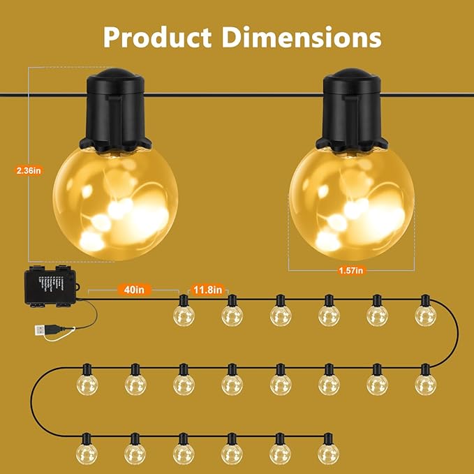 Outdoor String Lights Battery Operated, 22ft 20 G40 Warm White LED Bulbs Hanging Lights Dimmable with Timer, IP65 Waterproof & Globe Bulb Shatterproof for Indoor Patio Backyard Balcony Decor