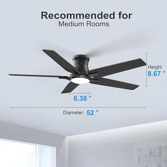 52 Inch Black Ceiling Fans with Lights and Remote, Flush Mount Low Profile Ceiling Fan for Bedroom, Living Room, Patio, Dimmable 6 Speeds Noiseless Reversible, ETL Listed