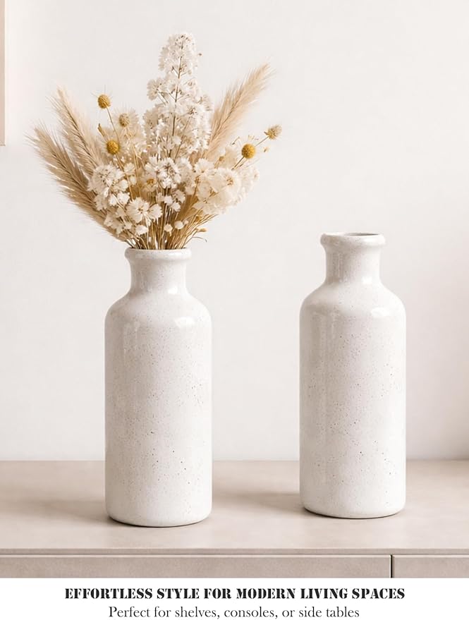 Small White Speckled Ceramic Vase Set of 3, Decorative Modern Vases for Shelf, Table, Living Room, Dried Flowers