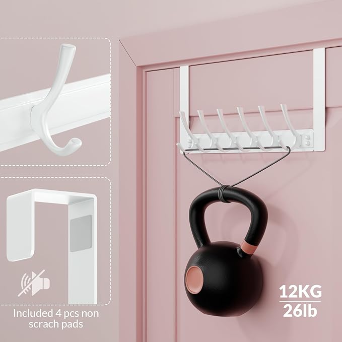 BAKON Over The Door Hooks with 6 Hook, Heavy Duty Over Door Hanger for Hanging Clothes Coat Hat Jacket, Door Coat Rack for Bathroom Closet Laundry Bedroom Kitchen Living Room Home Organizer(1, White)
