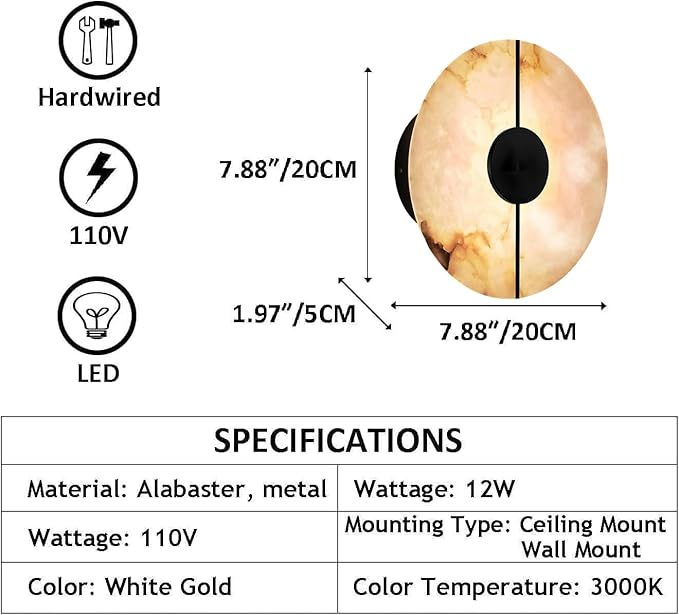 White Alabaster Wall Sconce Natural Marble Wall Sconce Vintage Gold Round Store Modern LED Wall Light Fixture Mid Century Wall Mounted Lamp for Bedroom Hallway Living Room Bathroom Kitchen