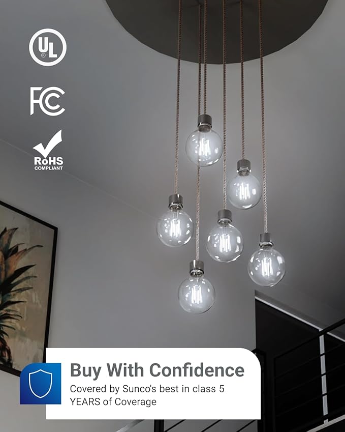 Sunco 10 Pack G25 LED Vanity Light Bulbs, Filament Edison Globe, Vanity Lighting Bulb for Bathroom Bedroom, 500 LM, 5W (60W Equivalent), 5000K Daylight, Dimmable, E26 Base, Clear UL