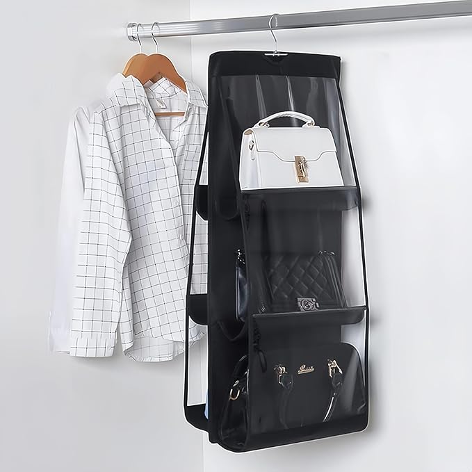 HAN SHENG 6 Pockets Clear Handbag & Purse Organizer Hanging Bag Storage - Space Saving Hanging Shelf for Closet, Wardrobe, Over Door (2 Pack, Black)