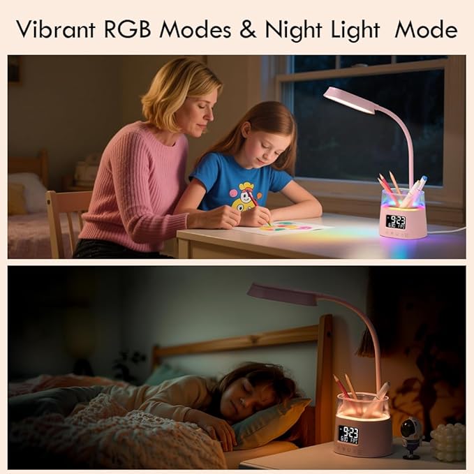 WILIT LED Desk Lamp for College Dorm Room Essentials, Students Study Lamp with USB Charging Port, Pen Holder, Clock & RGB Night Light, Office Desk Light Accessories, Table Lamp for Bedroom - Pink