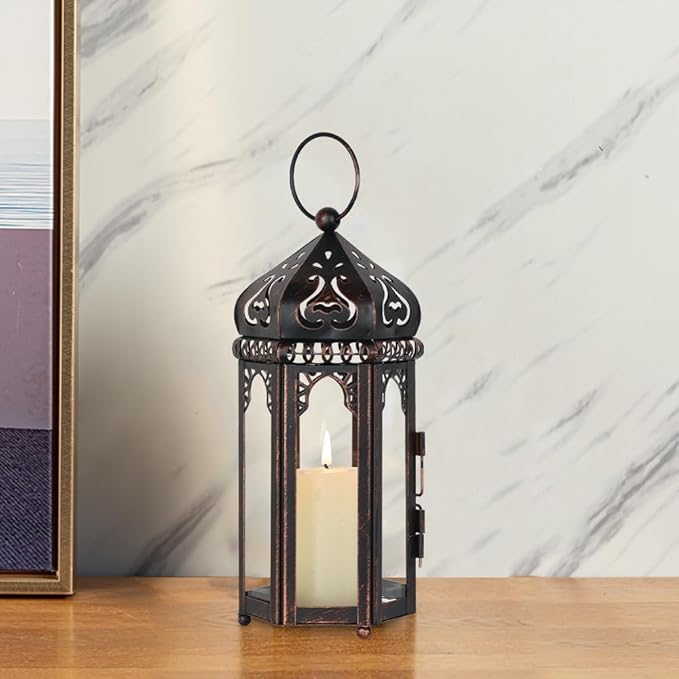 DECORKEY Vintage Medium Size Candle Lantern Decorative, Moroccan Style Vintage Hanging Lantern with Clear Glass, Metal Tabletop Lantern Decor, Indoor Outdoor Candle Holders for Coming Season