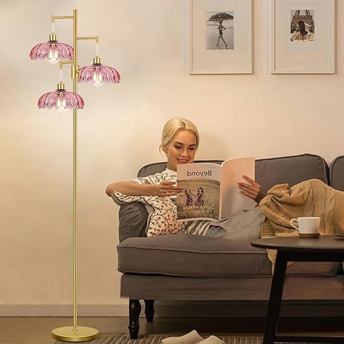 Vintage Floor Lamps for Living Room-3 Light Gold Dimmable Floor Lamp with Three Bulbs & Glass Lampshape, Mid Century Modern Standing Lamp Tree Tall Flower Floor Lamp for Bedroom Living Room,Corner