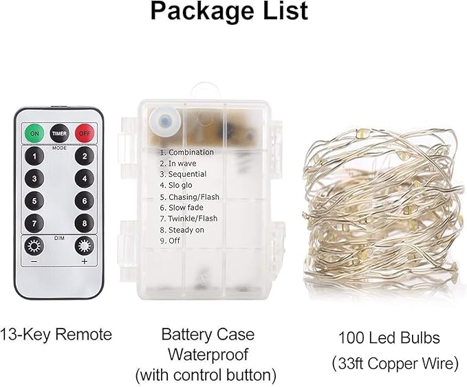 33Ft String Lights Battery Operated with Remote Control Timer, 100LED 4 Pack Waterproof 8 Modes Copper Wire Twinkle Fairy Lights for Bedroom Indoor Outdoor Wedding Dorm Christmas Decorations