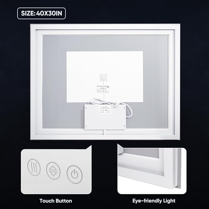 LED Bathroom Mirror, 40"x30" with Frontlit and Backlit Anti-Fog Mirror with Lights LED Vanity Mirror for Bathroom 3 Colors Temperature & Dimmable Bathroom Mirror with HD Tempered Glass